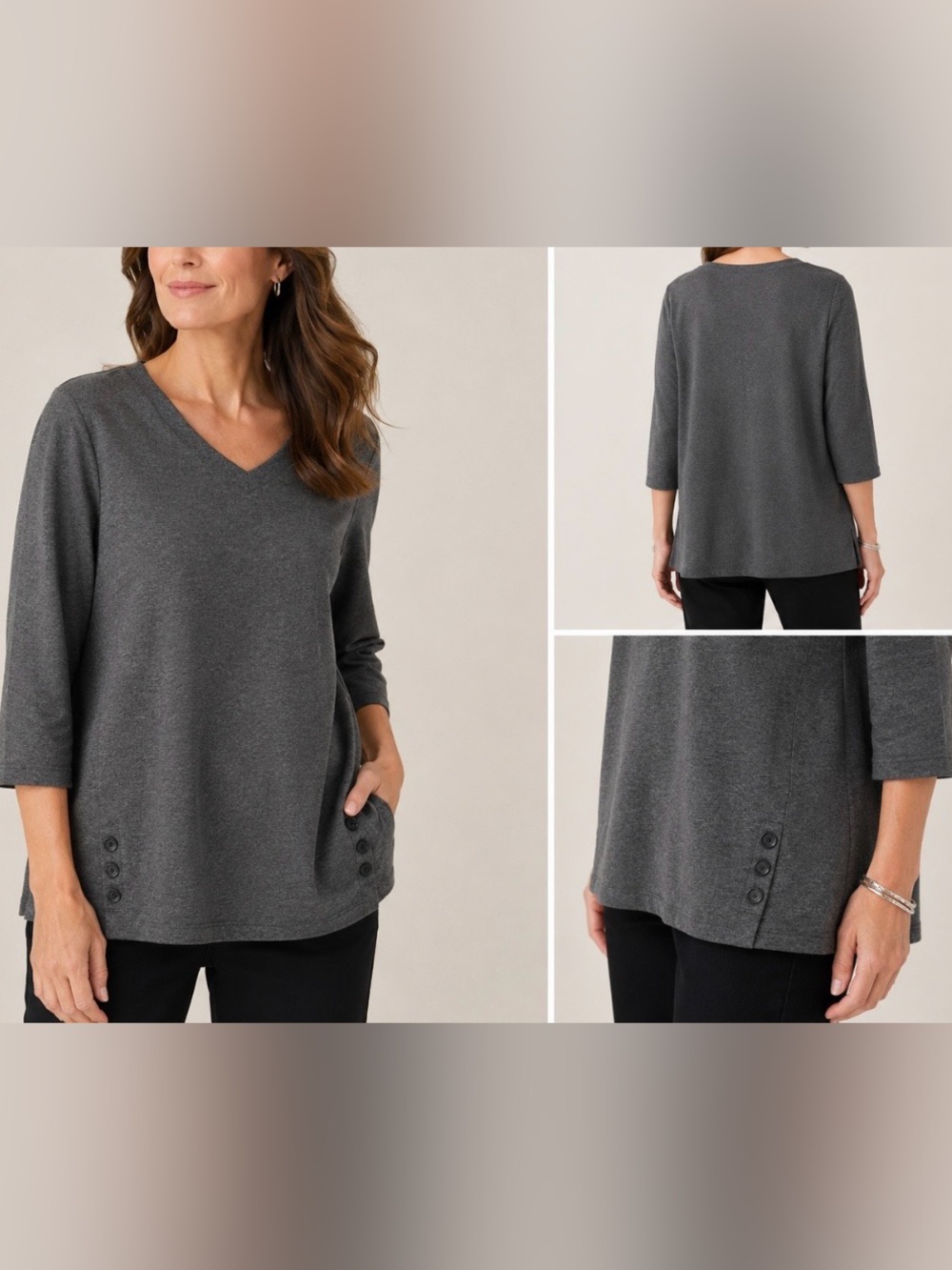 J. Jill Gray Knit Tunic Top Women’s V-Neck 3/4 Sleeve Button Hem Stretch Casual